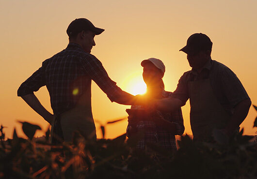 A group of farmers in the field, shaking hands